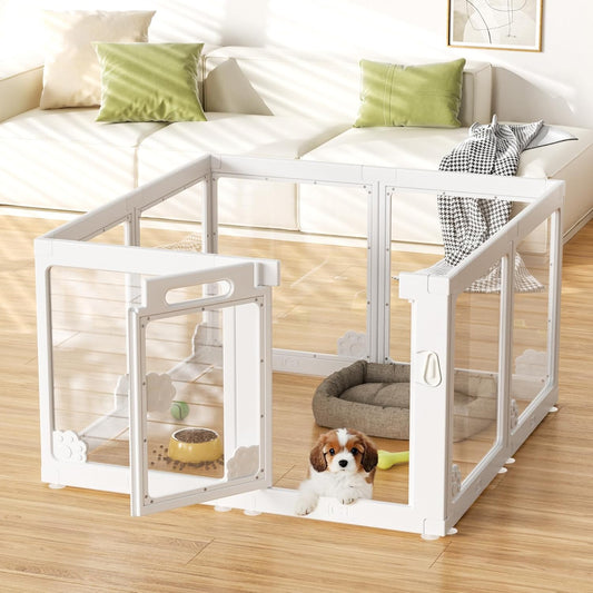 Acrylic Clear Dog Play Pen Indoors, Puppy Playpen with Door for Small Dogs Puppies, Transparent Plastic Pet Playpen Cage Fence Crate Kennel for Cat Kitten Rabbit Bunny Ferret etc (White-8 Panels)