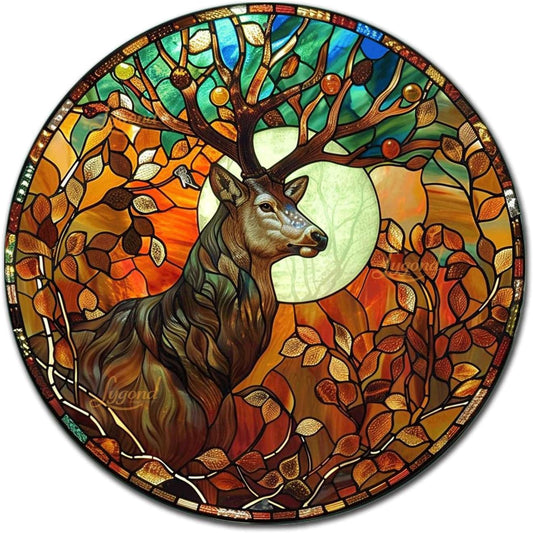 Lygond Metal Sign Tin Sign Circular Stained Glass Deer Vintage Metal Sign for Garage 8×8 Inches